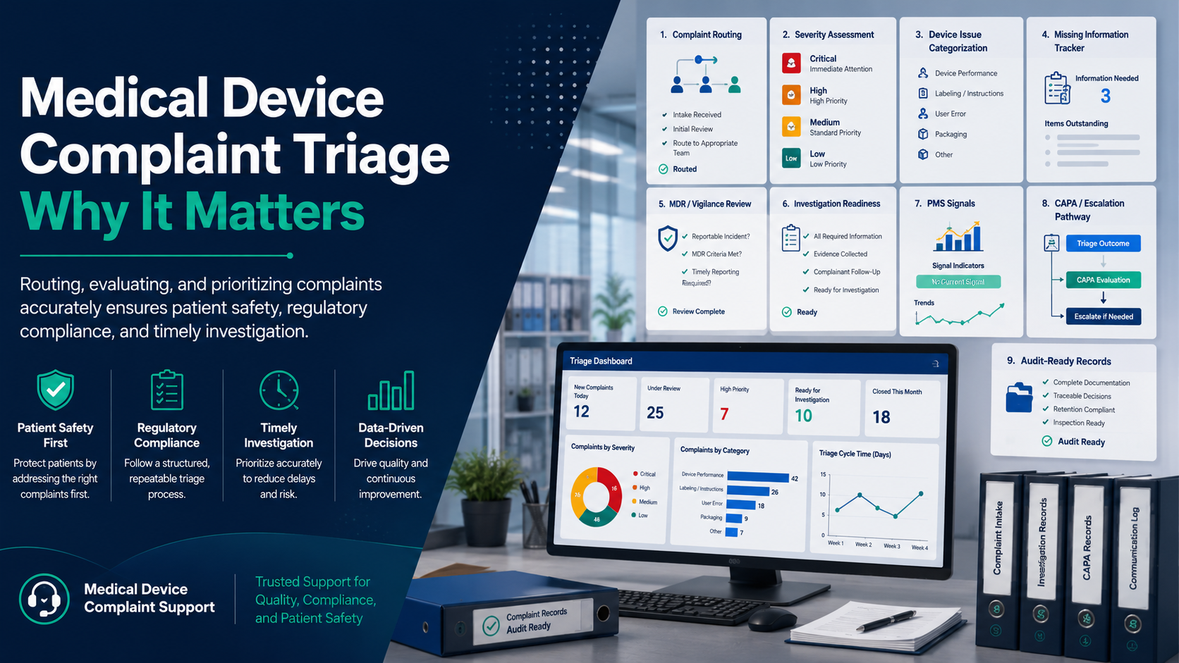 Medical device complaint triage workflow and escalation support