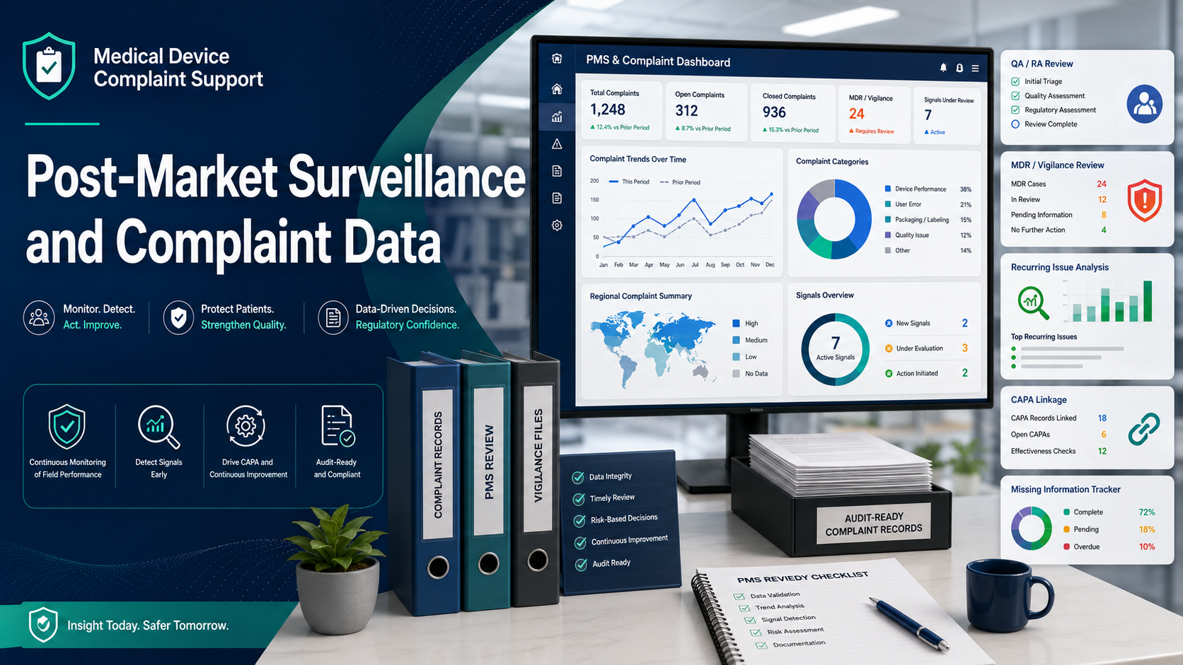 Post-market surveillance and complaint data dashboard for medical device teams
